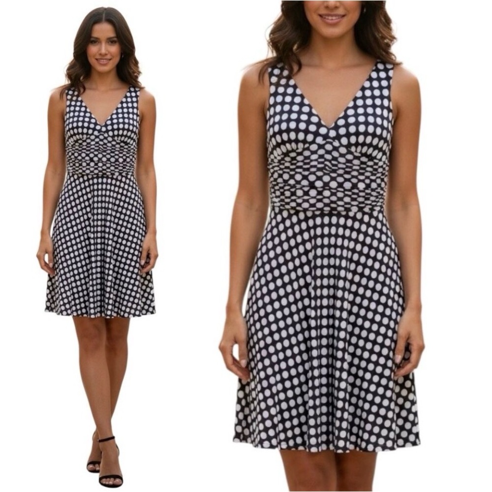 Zara Black White Polka Dot Fit & Flare V-Neck Dress Size M